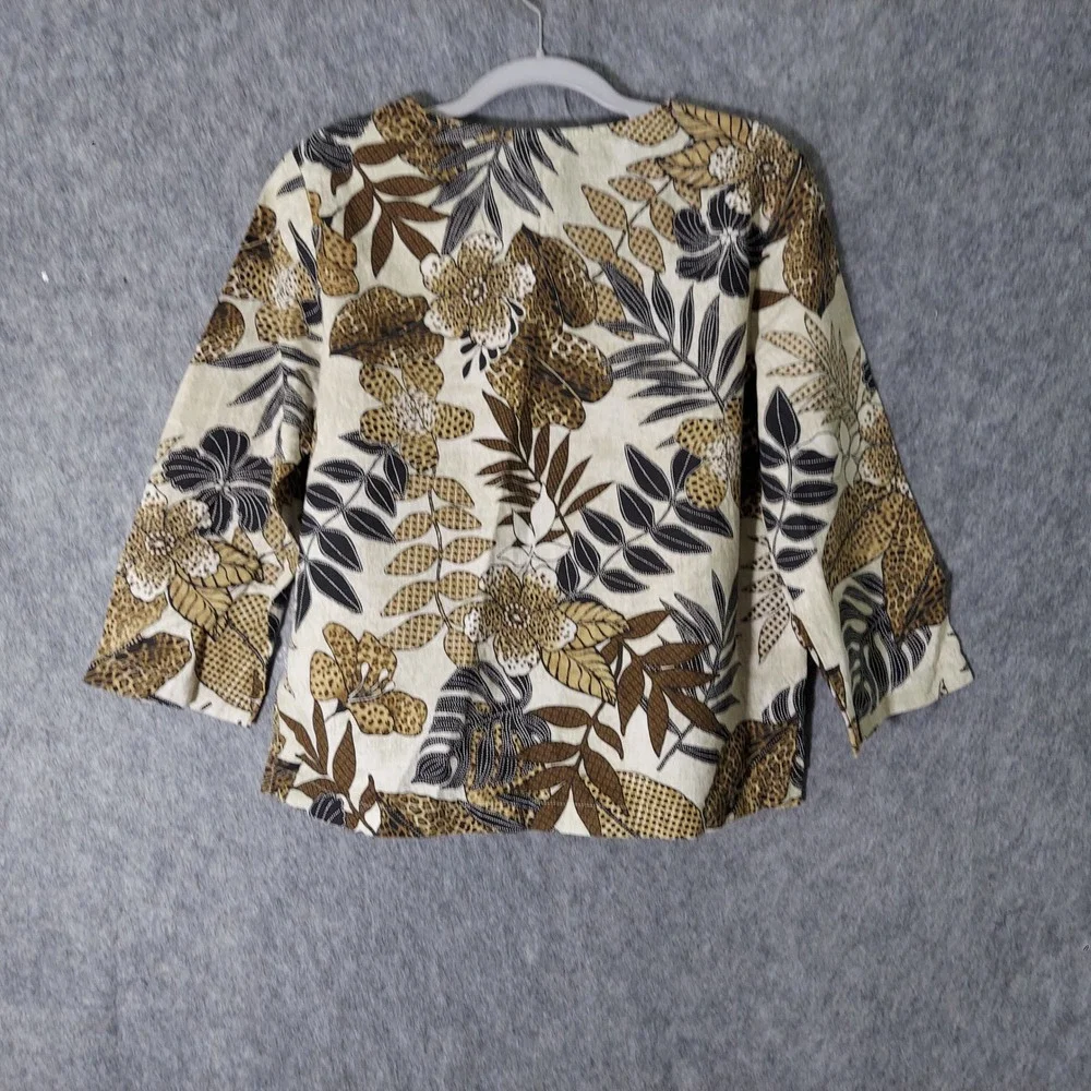 Hot Cotton Women Tunic M Tan Resort Safari Tropical Linen Floral Animal 3/4 Slve - Picture 5 of 7